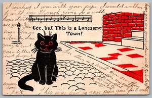 Postcard c1907 Un Signed Artist R. L. Wells Black Lonesome Cat Musical Notes - Picture 1 of 2