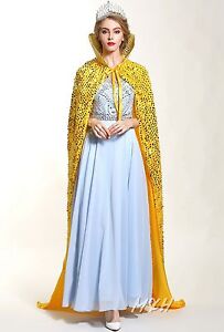 Sequin Bridal Long Cloak Satin Cape w/ Big Lotus Collar Pageant Cosplay Costumes