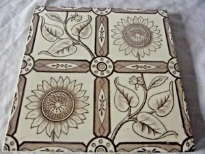 Antique  Art Nouveau Brown & White Floral Pattern Tile 6 inch - Picture 1 of 4