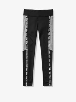 Victoria's Secret PINK Cozy Fleece Lined Black & Gray w/ Silver Logo Leggings M - Image 1 of 3