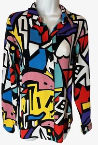 Big Dart Groovy Top 6 S M 60s Inspired Print Purple White red Blue Button Front - Imagen 1 de 5