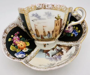 Helena Wolfsohn Dresden Quatrefoil Black Floral Cup & Saucer Harbor Ships Teacup - Picture 1 of 14