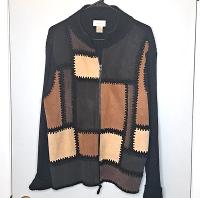 Suéter Para Mujer Studio Works Cuero Retazos Cremallera Frontal Talla XL Marrón Tostado Negro Foto 1 de 4