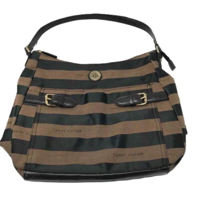 NUEVO Bolso de Mano Tommy Hilfiger Mediano a Rayas Shopper-Negro/Marrón $79 Foto 1 de 3