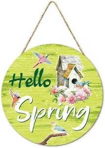 Letrero de puerta Hello Spring 11,4" redondo decorativo placa de madera colgante - Imagen 1 de 3