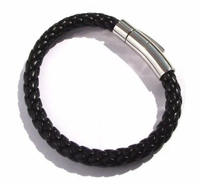 Damen Herren Jungen Edelstahl Lederarmband geflochten 6,5mmØ 17cm schwarz  - Bild 1 von 4