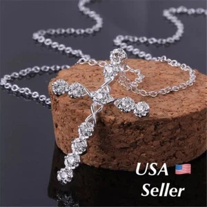 Collana donna argento sterling 925 placcato cristallo cubico ciondolo croce 18” N4 - Foto 1 di 5