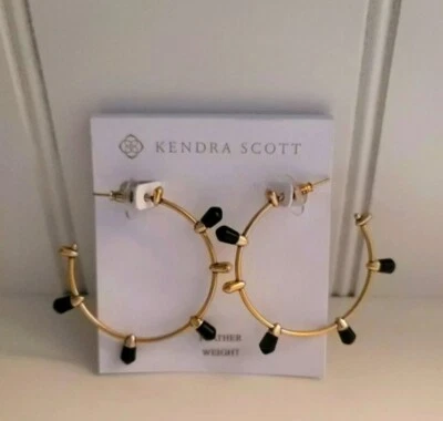 Kendra Scott Freida Vintage Gold Obsidian Hoop Earrings NWT $88 - Image 1 of 3