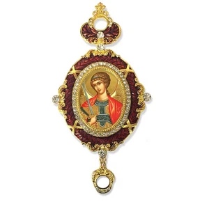 Enameled Icon Pendant Saint Michael w/ Crown and Chain for Hanging - Gift Boxed - Picture 1 of 1