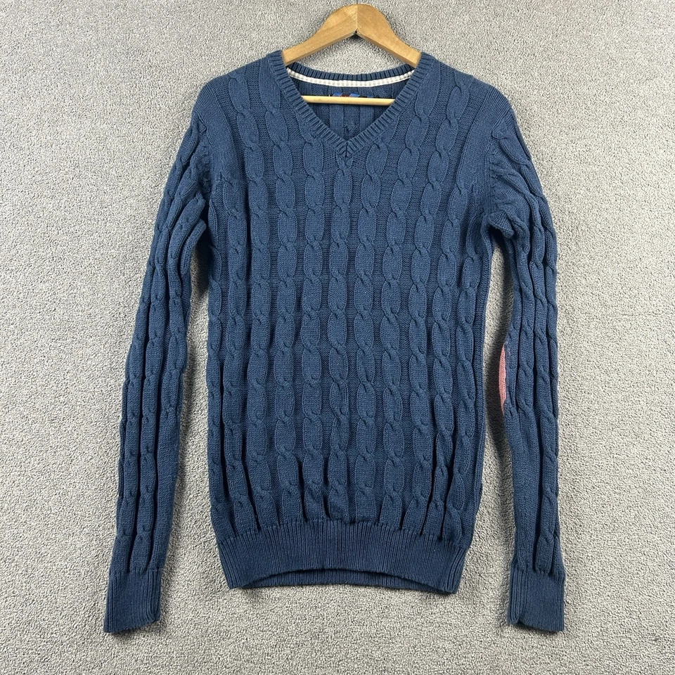 Suéter Moderno Diversión Azul Tejido con Cable Pullover Cuello Redondo Talla L Grande Jersey Foto 1 de 4