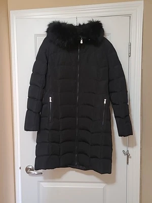 CALVIN KLEIN CK Black Long Down Puffer Coat With Black Faux Fur Hood Size Large - Image 1 of 4