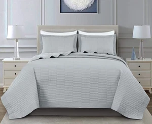 Yuma 3-Piece 100% Cotton Quilt Set Queen Size, Light Gray - Modern Geometric ... - Picture 1 of 9