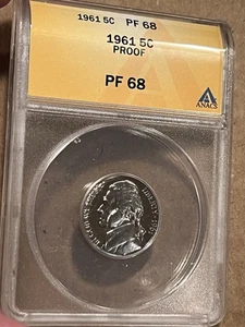 ¡Prueba Jefferson Nickel 1961 certificado PF 68 por ANACS! Prueba de alto grado 5C - Imagen 1 de 7