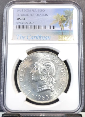 1963 DOMINICAN REPUBLIC SILVER 1 PESO NATIVE WOMAN BUST NGC MS 64 BEAUTIFUL BU - Image 1 of 3