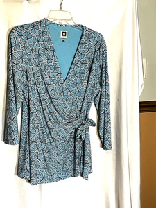 Anne Klein Faux Wickel Türkis Print Tunika Top Bluse 3/4 Arm Stretch Gr. M/L - Bild 1 von 9