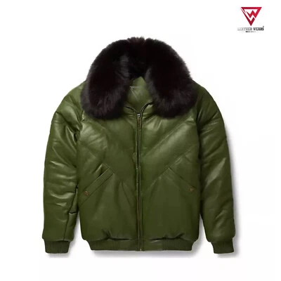 Chaqueta de bombardero de cuero genuino de piel de oveja con cuello en V azul burbuja acolchada para hombre Foto 1 de 3