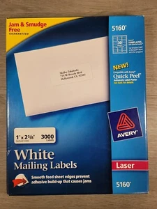 Avery 5160 leicht abziehbare Adressetiketten 2370 Etiketten Laser Pop Up Rand 1 mal 2 5/8 - Bild 1 von 5
