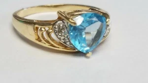 VINTAGE SOLID 14 K GOLD BLUE TOPAZ RING SIZE 6.75, DIAMOND ACCENTS - Picture 1 of 10
