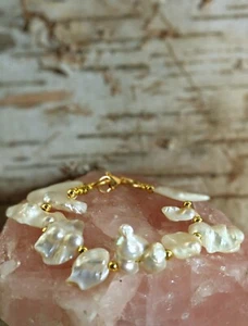 Natural Baroque Keshi Free Form White Pearls In Gold Bracelet  - Picture 1 of 4