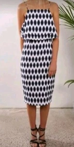 Finders Keepers Move on up Midi Dress Blue White Print Size Large Lined NWT - Picture 1 of 8
