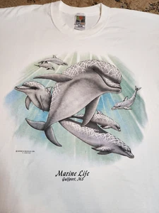 Vintage 90s Dolphin Marine Life Nature Graphic T-Shirt Size XL White Gulfport - Picture 1 of 5