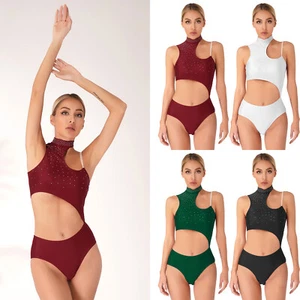 Women Glittery Cutout Dance Leotard Figure Skating Mock Neck Sleeveless Bodysuit - Picture 1 of 56