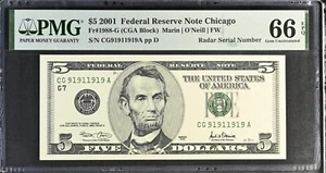 2001 $5 Federal Reserve Note Fr-1988-G Chicago Radar Number PMG66Gem EPQ - Picture 1 of 4