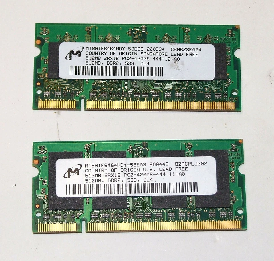 LAPTOP MEMORY VARIOUS BRANDS  512MB 2RX16 PC-2 4200S PAIR 2 CHIPS SCHOOL SURPLUS - Image 1 of 1