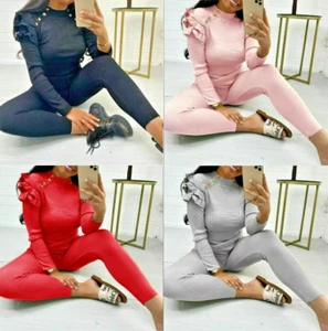 Damen Frauen Feinripp Rüschen Schößchen Knopf Loungewear Anzug Trainingsanzug Set Schwarz - Bild 1 von 2