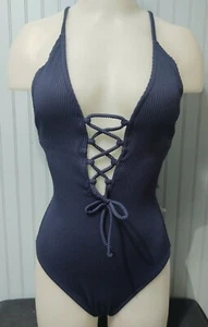 Cupshe Women's One-Piece Swimsuit Bathing Suit, V-Neck, Lace Up, Navy, Small  - Picture 1 of 6