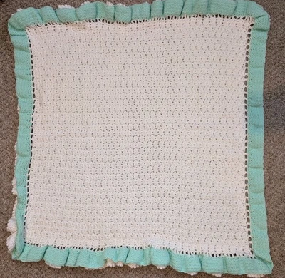 Handmade Crochet Baby Blanket White & Teal Double Trim 31 x 32" - Image 1 of 4