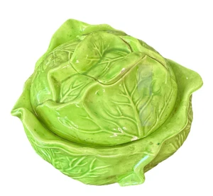 Tarro de galletas de cerámica vintage lechuga/repollo Holanda molde - algunas astillas en la tapa - Imagen 1 de 6