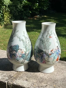 Chinese Antique Porcelain Vases Famille Rose Republic Period Seal Mark Qianlong - Picture 1 of 24