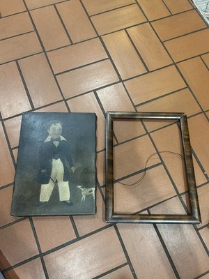 Arte popular primitivo de colección pintura al óleo sobre lienzo hombre/niño y perro marco separado Foto 1 de 4