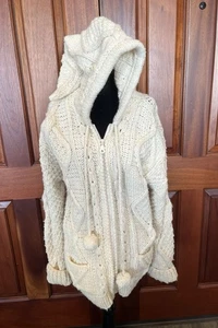 Native Inka 100% Wool Elf Hooded Chunky Sweater Fisherman Cable Pom Pom Long - Picture 1 of 11