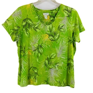 Caribbean Joe Plus 2X Top Verde Amarillo Tropical Cuello en V Manga Corta Manchas DEFECTUOSAS - Imagen 1 de 13