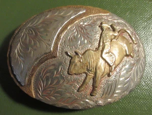 Vintage Large Cowboy Rull Riding Rodeo Silver Plate Belt Buckle - Picture 1 of 2