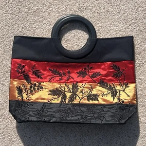 Embroidered Silk Asian Handbag Round Handles. Black Red & Gold, 36cm Zip Pockets - Picture 1 of 15