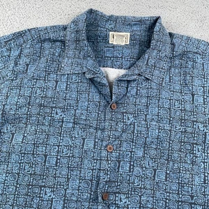 LL Bean Shirt Mens Large Blue Aztec Tribal Print Camp Hawaiian Loop Collar - Picture 1 of 9