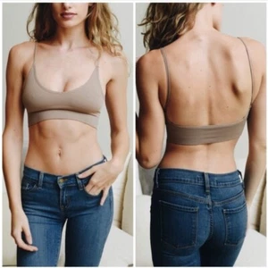 Mocha Solid Scoop Neck Stretchy Low Back Seamless Bralette Casual Women's - Picture 1 of 3