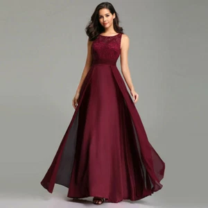Burgundy Lace Chiffon Prom Evening Bridesmaid Dress Wedding Party Celebrity Gown - Picture 1 of 3