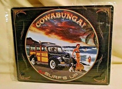 WOODY TIN SIGN COWABUNGA SURF'S UP LARRY GROSSMAN 2015 RETROVISIONS FORD SEXY. - Image 1 of 4