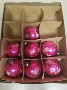Vintage Set of Eight (8) Pink w/ White Glitter Firework Design Ornaments - Picture 1 of 8