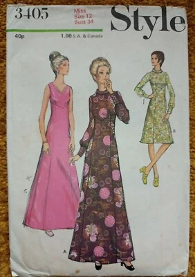 VINTAGE 1971 DRESSMAKING PATTERN STYLE 3405 - MAXI DRESS MISS SIZE 12 BUST 34 - Image 1 of 4
