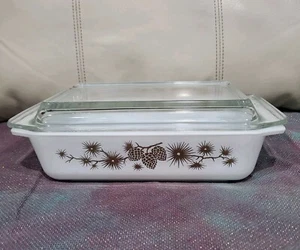 Vintage 1960's Pyrex 2 QUART 575-B Gold Pine Cone Design w/ Glass Lid - Picture 1 of 24