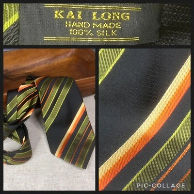Gravata masculina longa Kai seda Repp verde laranja listras pretas jacquard 4"x57" - Imagem 1 de 4
