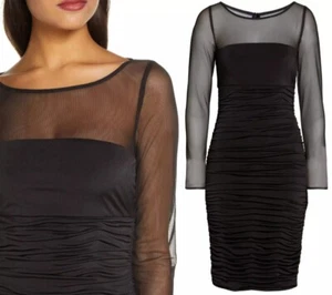 NWT Eliza J Black Ruched Knee Length Dress Sheer Long Sleeves Sz 14 - Picture 1 of 18