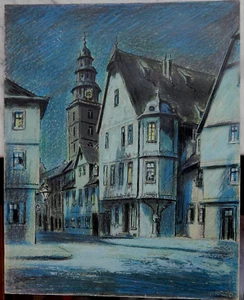 Gemälde Mischtechnik ALTSTADT Strasse bei Nacht signiert HELBIG - Picture 1 of 9