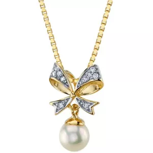 "Collana Ciondolo Cravatta Perla Fiocco Perla Acqua Dolce 14K, 18" - Foto 1 di 5