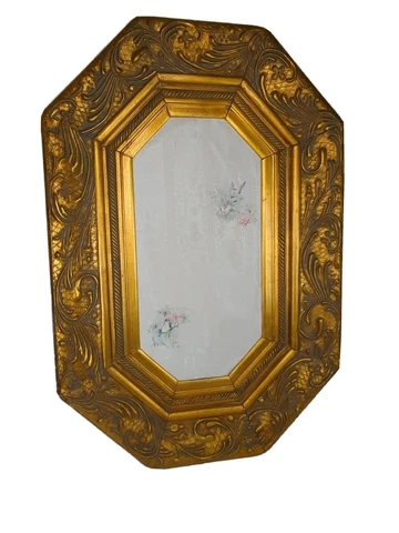 Vintage Gold Wall Mirror Frame 1960's With Vintage Wallpaper Scalloped Cover